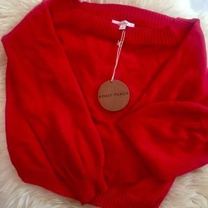 Honey punch red off the shoulder sweater